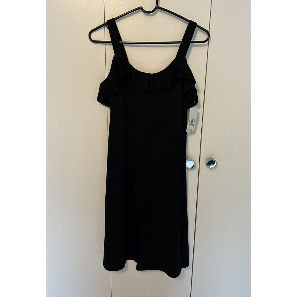 Peach Brand Sheath Style Havana Dress With Ruffle At Chest Black Size S